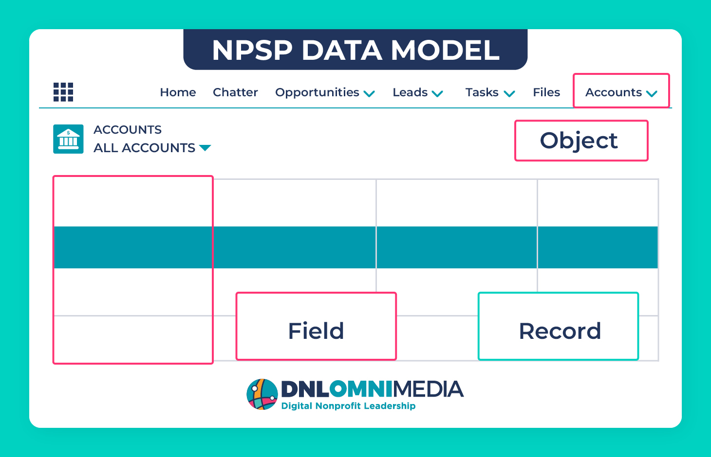 This image provides a visualization representation of the NPSP data model, explained in the text below. 