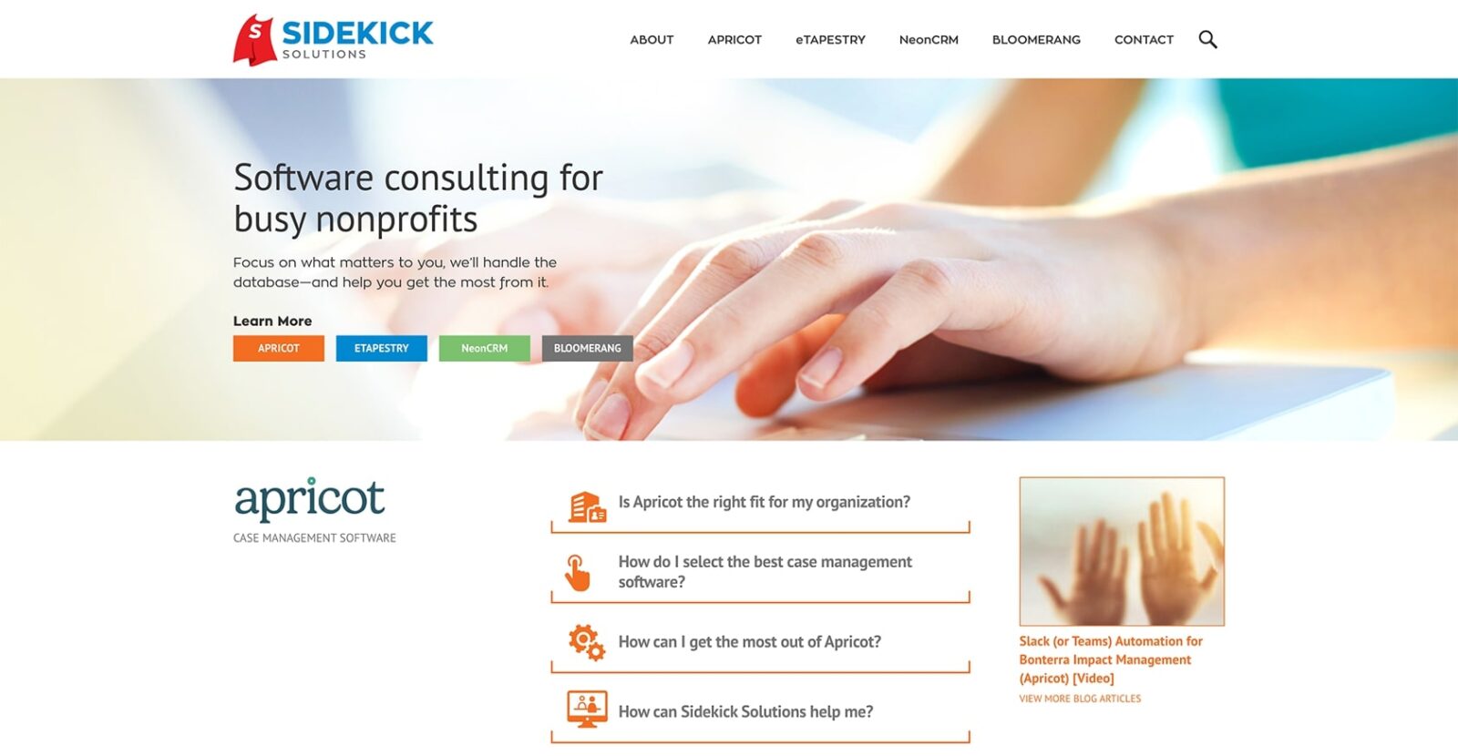 Screenshot of the Sidekick Solutions website