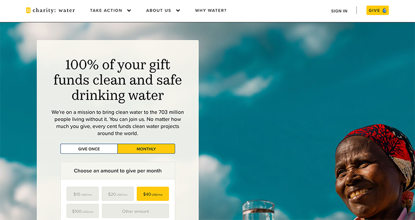 Screenshot of the charity: water website