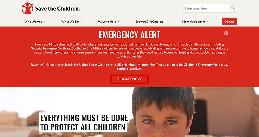 Screenshot of the Save the Children website