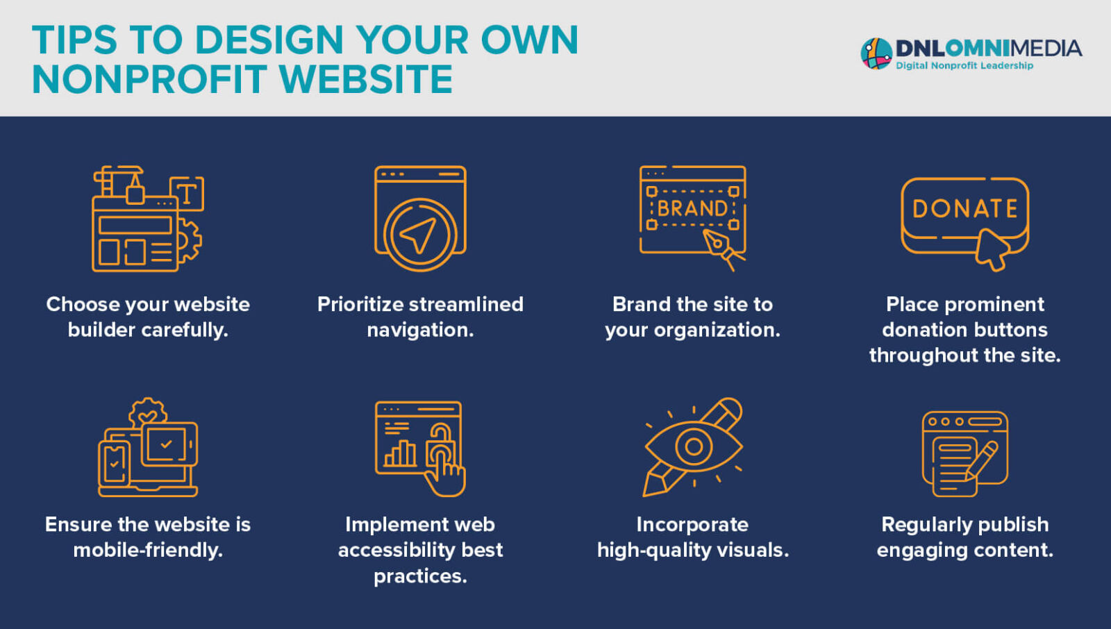 This image and the text below list some tips for building your own nonprofit website. 