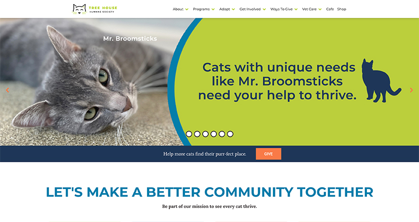 Screenshot of the Tree House Humane Society website