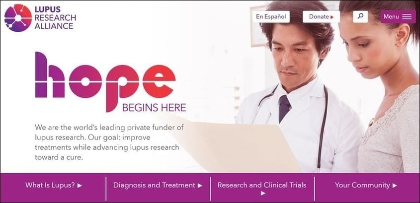 The Lupus Research Alliance's well designed and organized homepage ranks it among the best nonprofit websites.