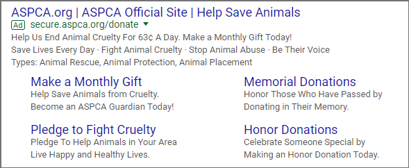 The ASPCA uses Google AdWords for Nonprofits sitelink extensions to drive users to complete different goals on their site.